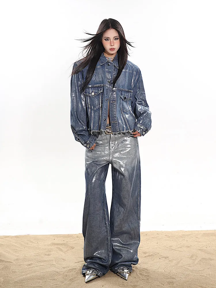 Britney Gradient Ombre Blue Reflective Glossy Shiny Silver Straight Leg Denim Jeans Pants