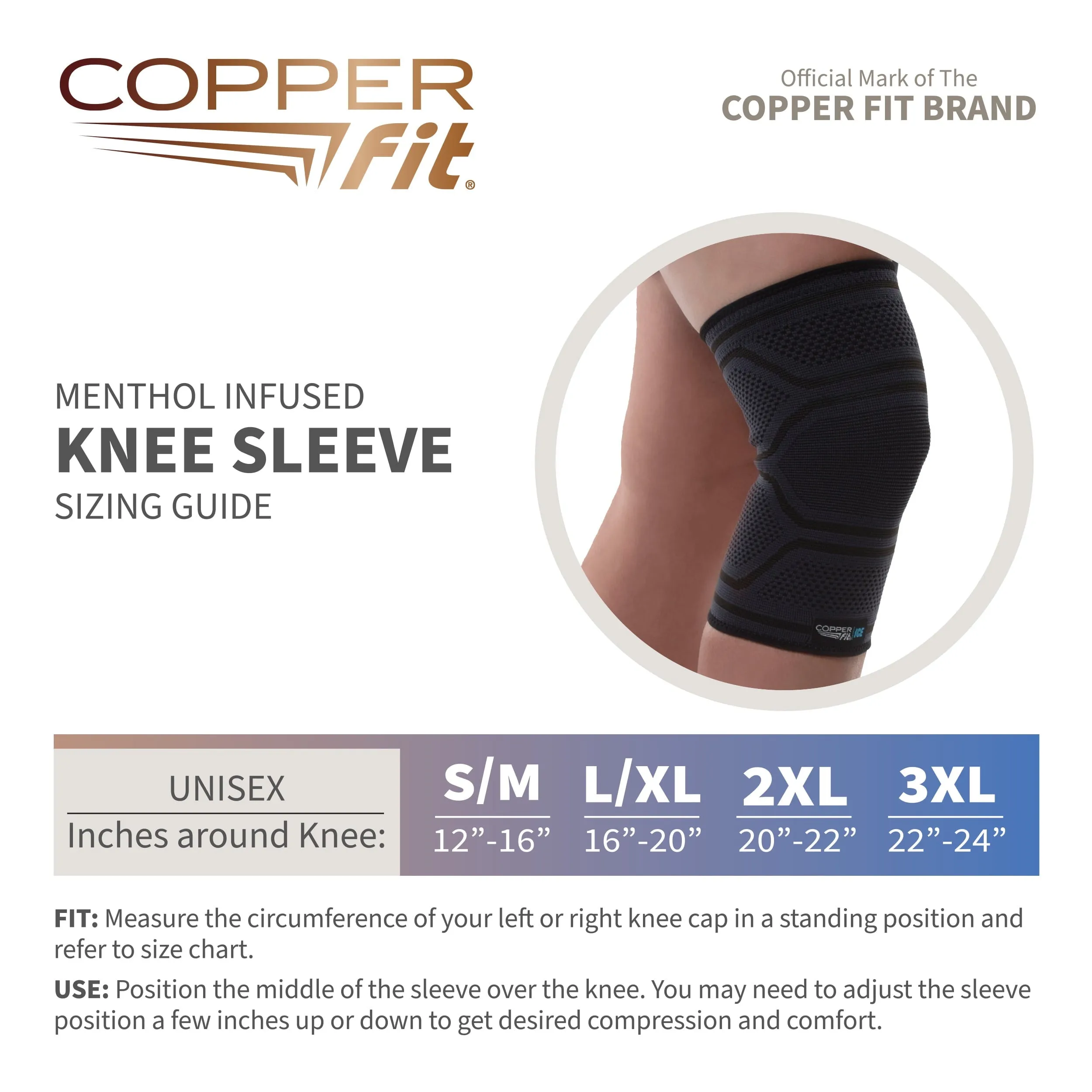 Copper Fit Ice Knee Compression Sleeve Infused with Menthol, Large/XL, Black, 1-Pack, FSA HSA Eligible