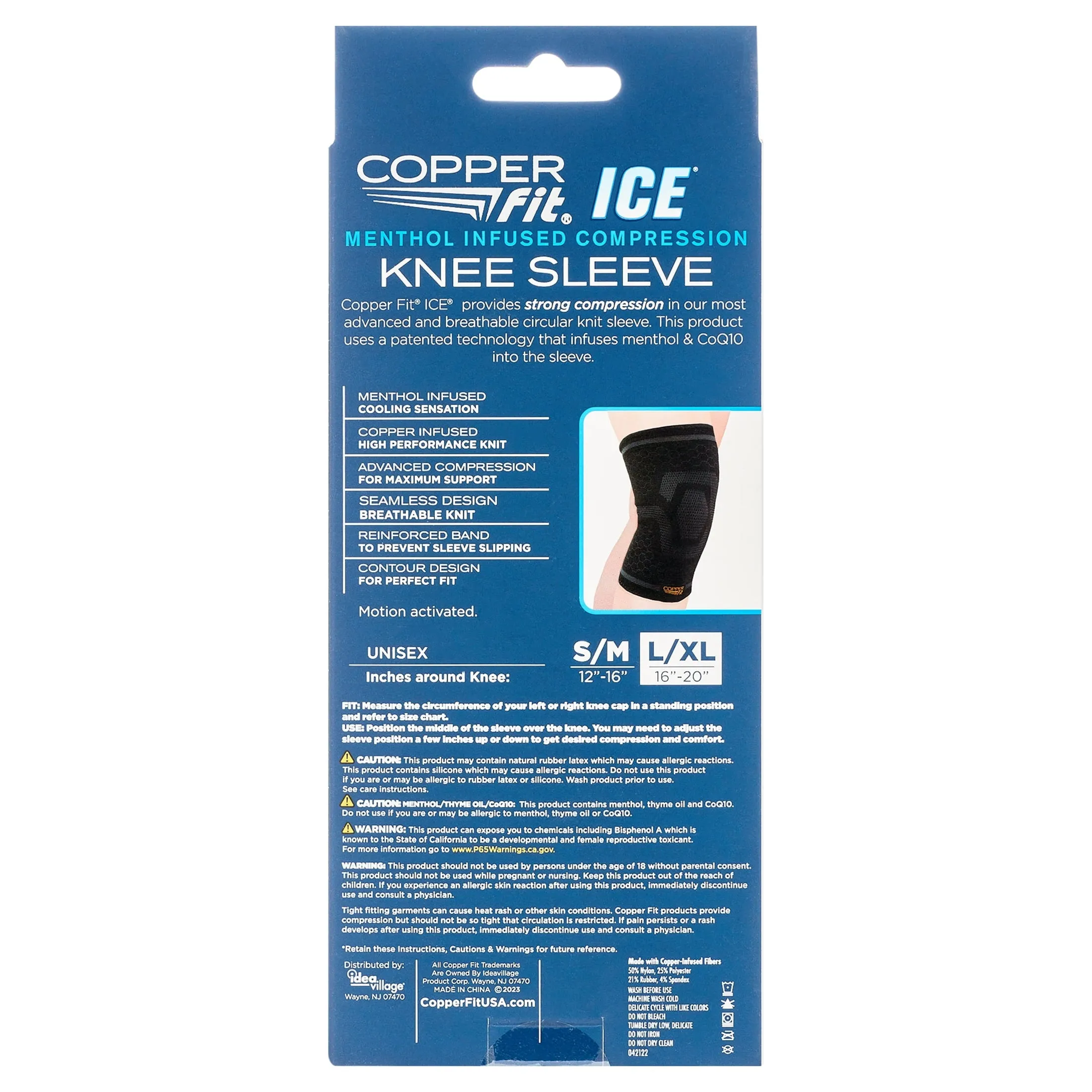 Copper Fit Ice Knee Compression Sleeve Infused with Menthol, Large/XL, Black, 1-Pack, FSA HSA Eligible