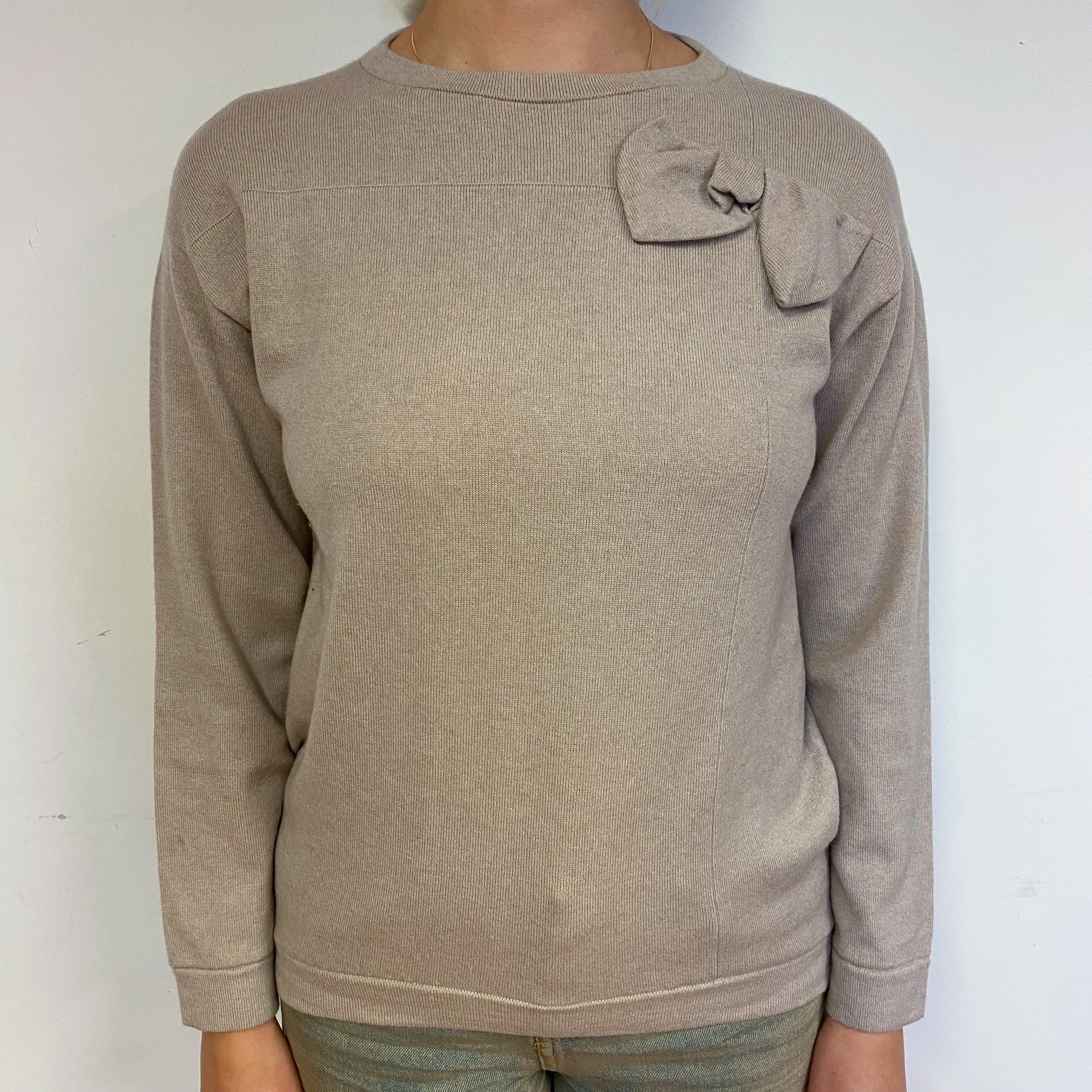 Designer Fawn Beige Cashmere Crew Neck Jumper Small