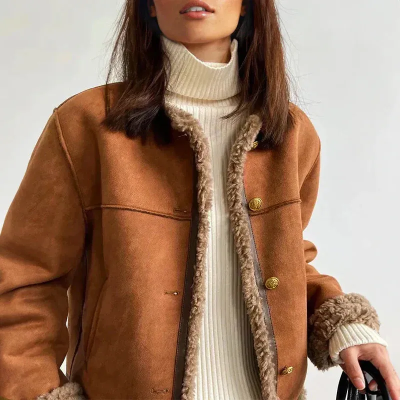 Lynda™ Elegant Shearling Button Jacket