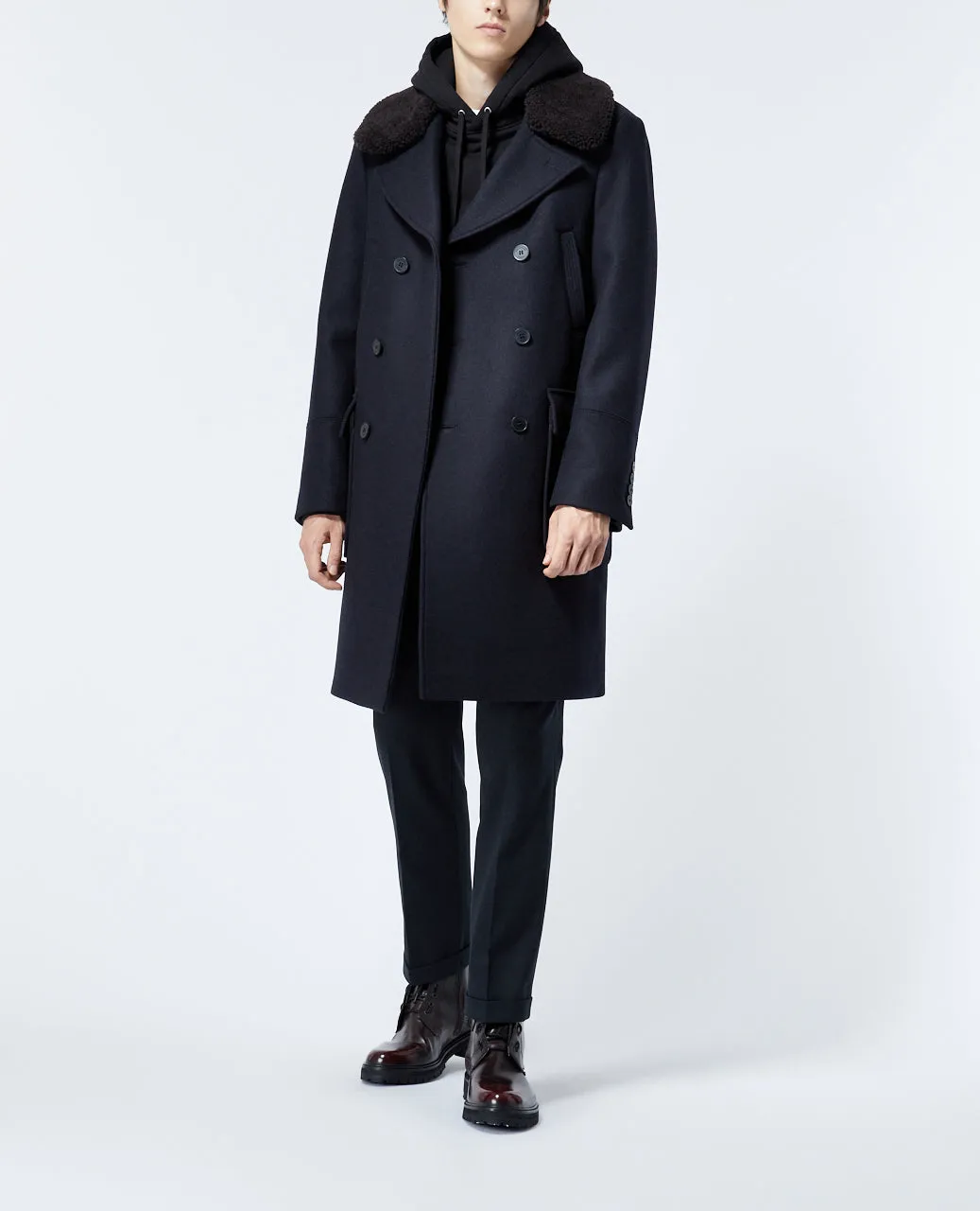Manteau bleu marine laine à col mouton