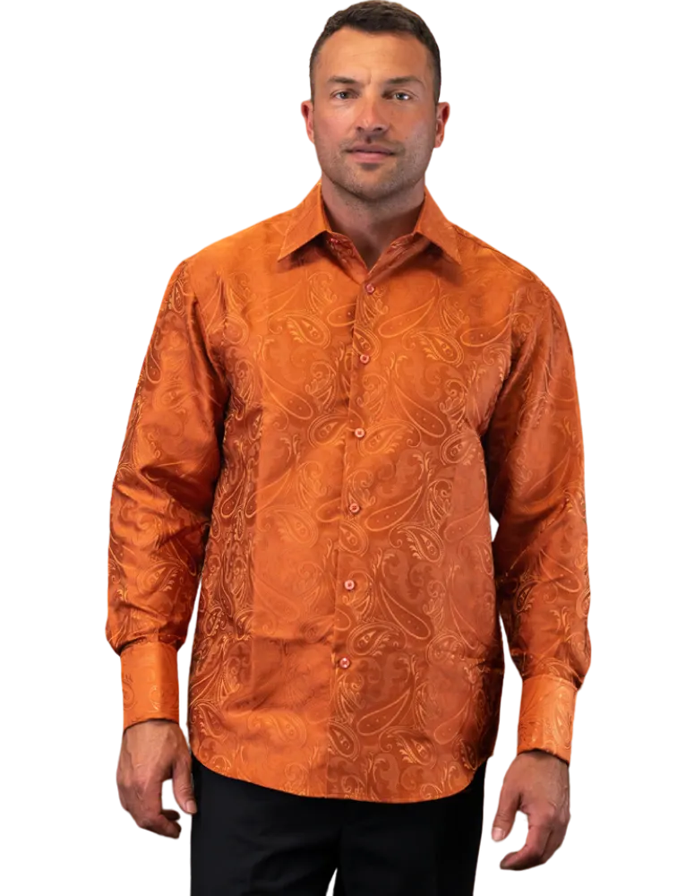 Men's Rust Woven Fancy Casual Long Sleeves Shirt With Cufflink Regular-Fit
