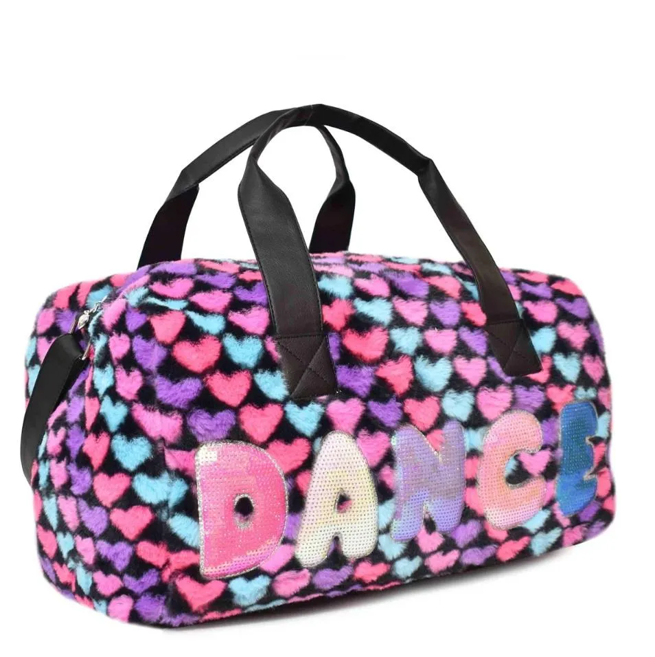 OMG 'Dance' Heart-Printed Plush Sequin Large Duffle Bag