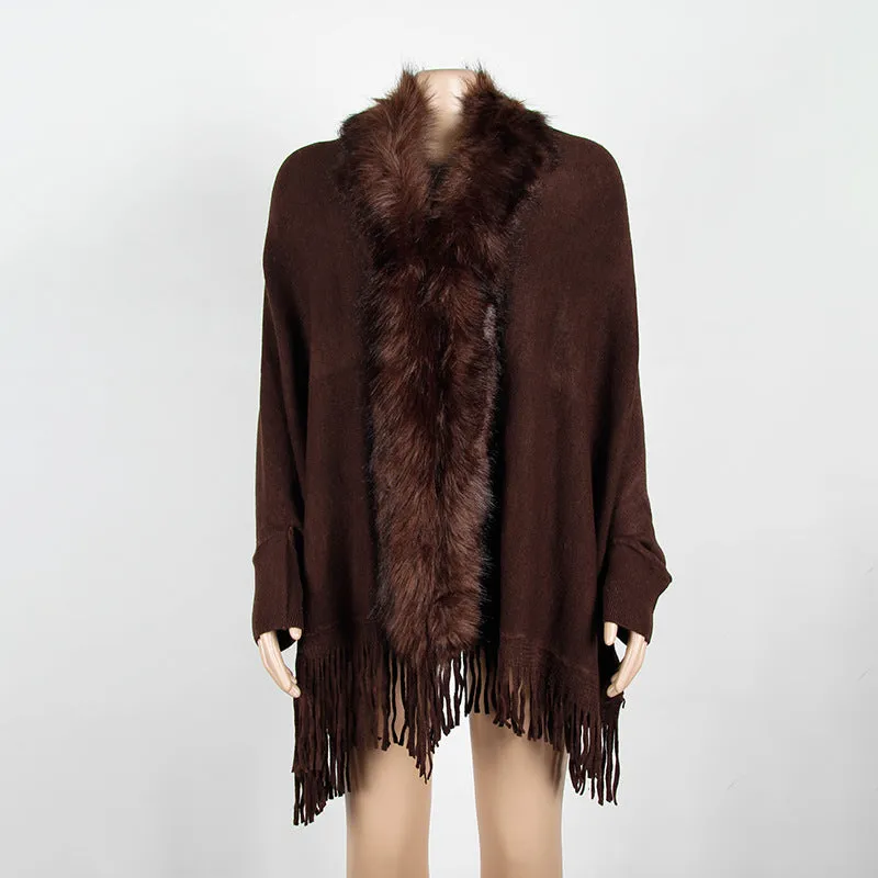 Tassel Cape and Shawl Fur Collar Cardigan
