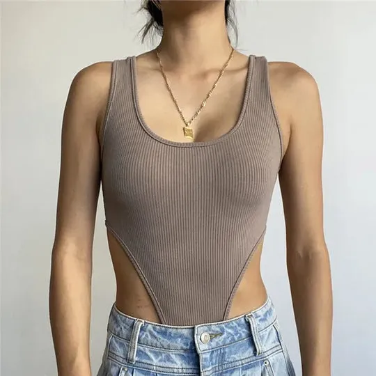 Women Sleeveless Knitted U Neck Solid Bodysuits