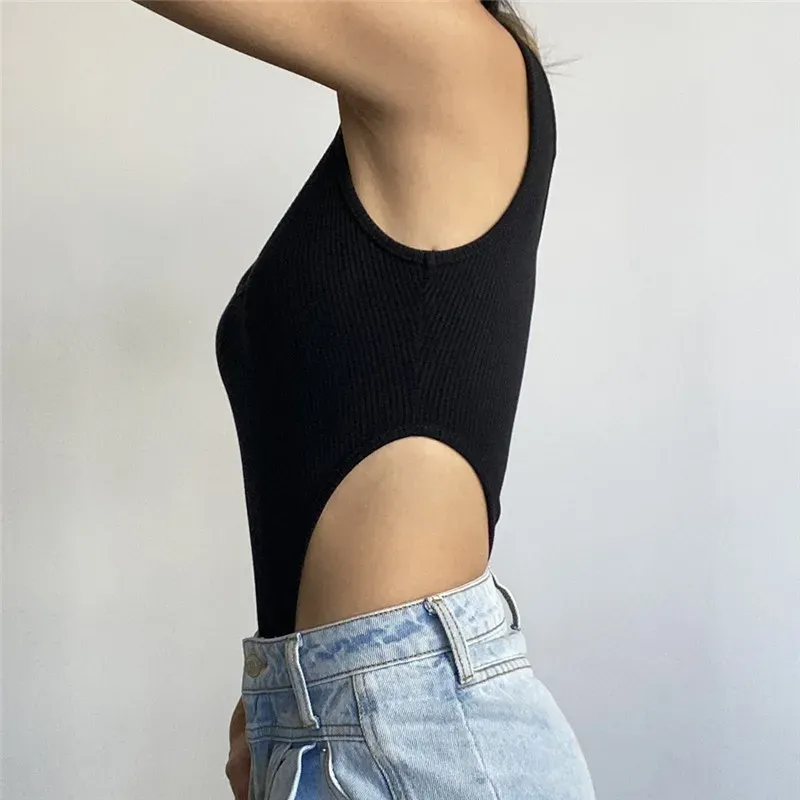 Women Sleeveless Knitted U Neck Solid Bodysuits