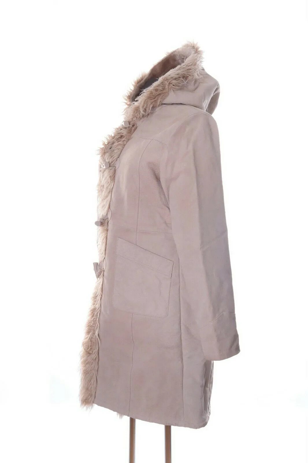 Women's BEN SHERMAN Ivory Real Leather Duffle Coat Overcoat Size uk 16 us 12